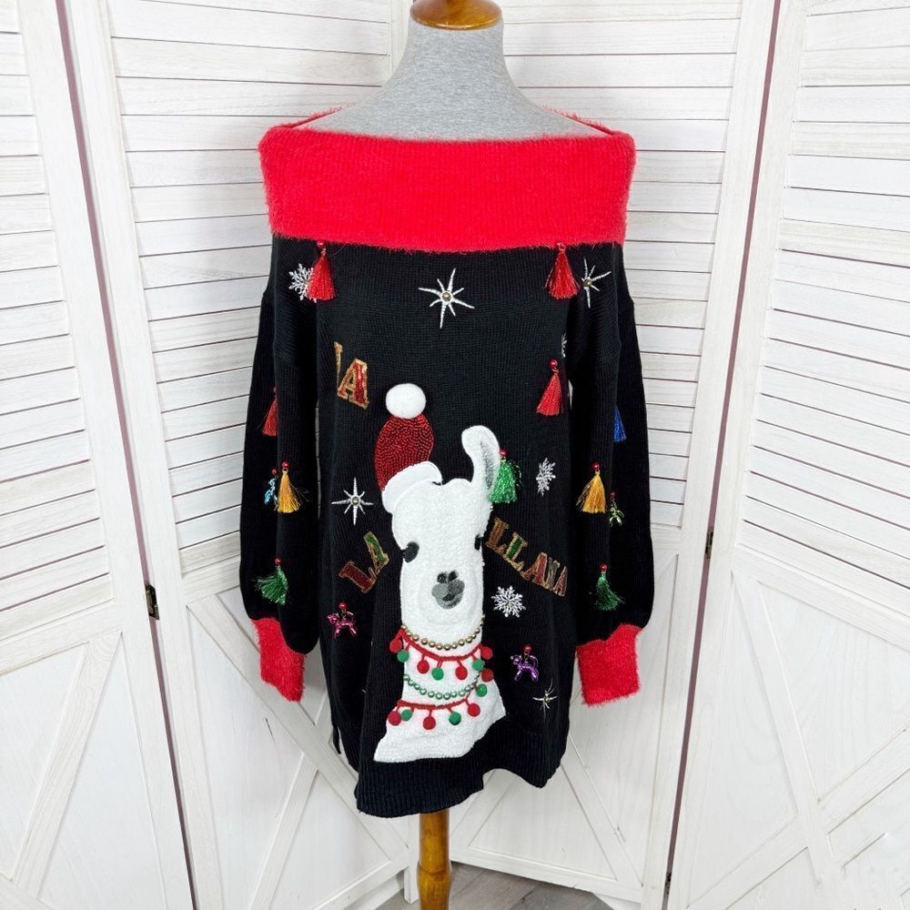 Holiday Time La La Llama‎ Ugly Christmas Tunic Sweater Black Small